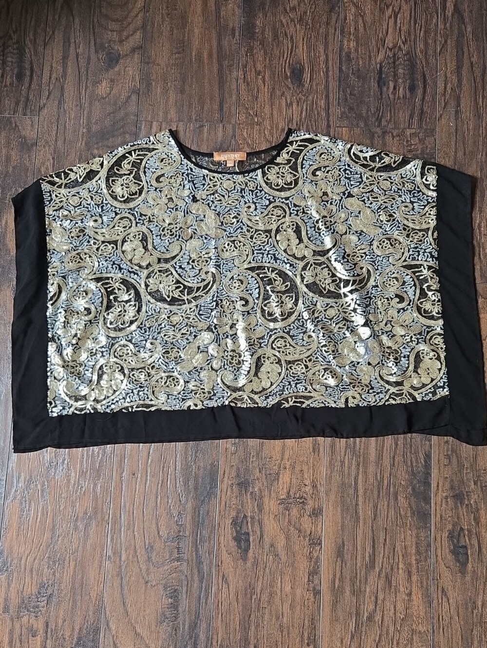Ellen Tracy, Batwing Sleeve, Sheer Black Top W/ Gold Sequin Paisley Overlay, XS
